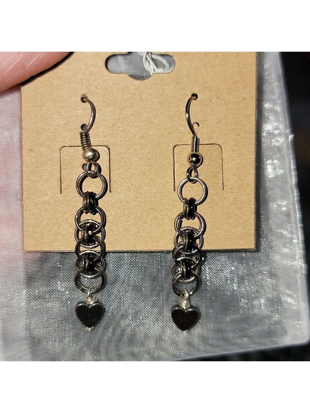 Chainmail Heart Bead Dangle Earrings #E117